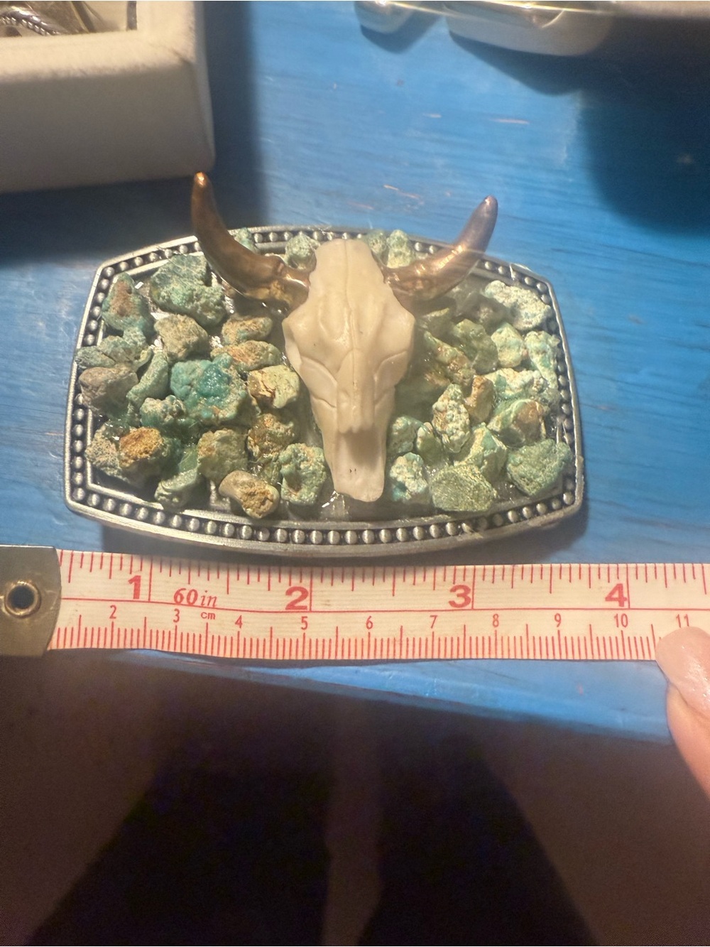 Turquoise Stone Bull Skull Western Belt Buckle - Picture 5 of 6